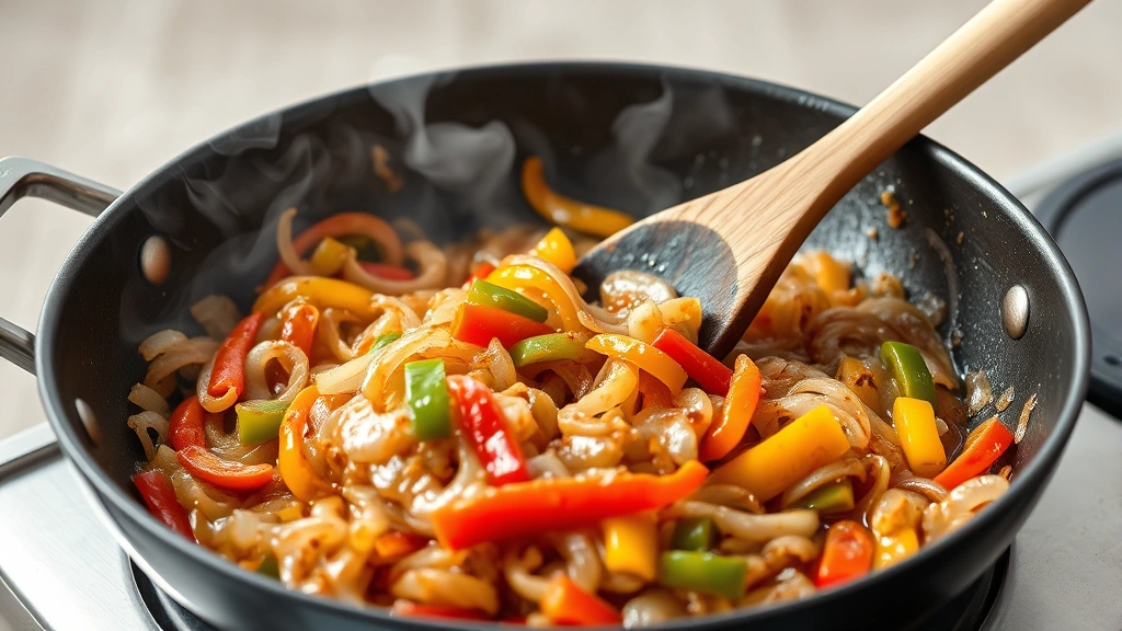 Sizzling skillet with caramelized onions and colorful bell peppers, steam rising, wooden spoon stirring, professional food photography