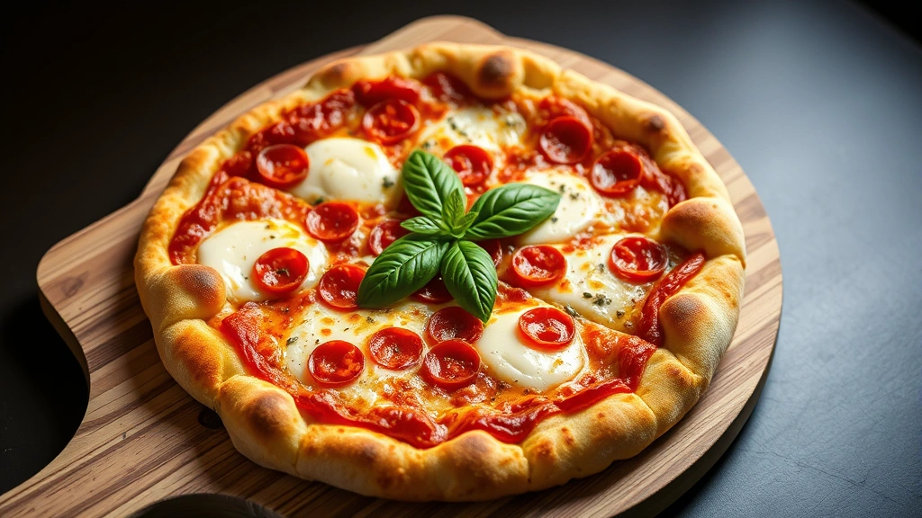 Golden-brown chicken pizza crust topped with melted mozzarella, pepperoni, and fresh basil on a wooden pizza peel, photographed from above with studio lighting