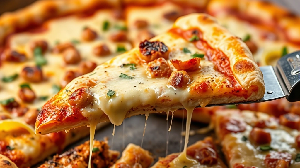 Finished keto chicken pizza slice being lifted with a pizza cutter, showing crispy golden edges and cooked toppings, steam rising from the cheese