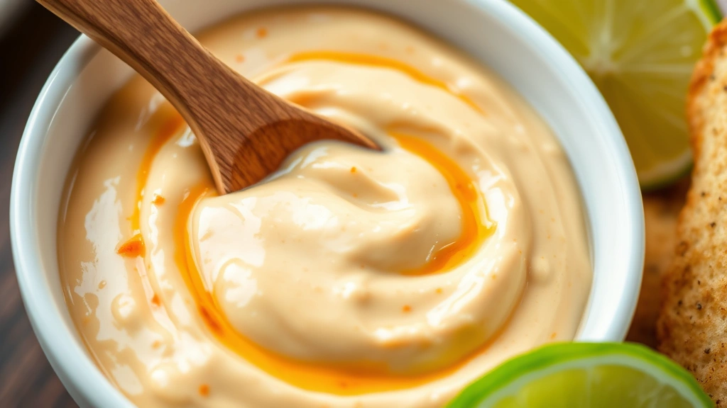 Close-up of creamy chipotle aioli in a white bowl with a wooden spoon, smoky orange color visible, fresh lime wedge beside the bowl, soft natural lighting