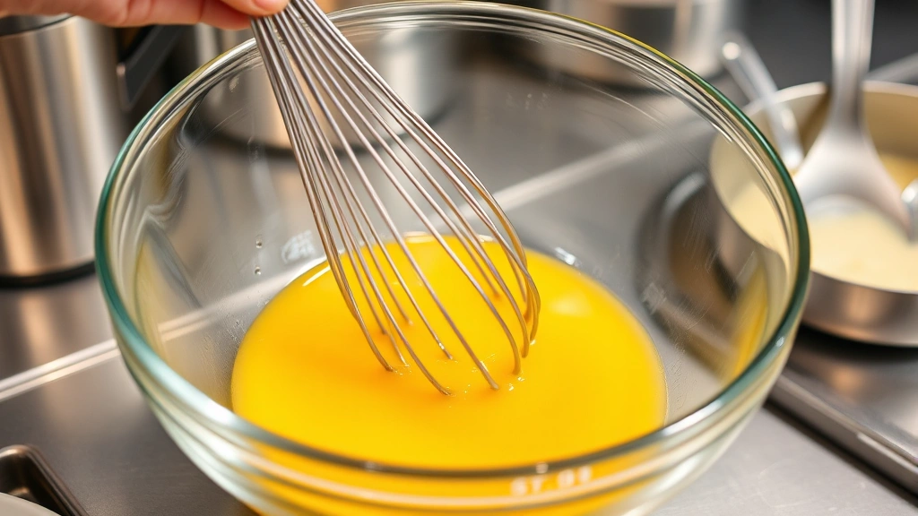 Action shot of whisking egg yolks and oil together in a glass mixing bowl, golden emulsion forming, professional kitchen setting with stainless steel utensils visible