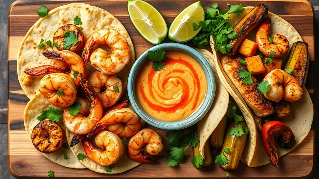 Overhead flat lay of chipotle aioli served as a dipping sauce with grilled shrimp, fish tacos, and roasted vegetables arranged artfully on a wooden board, garnished with cilantro and lime