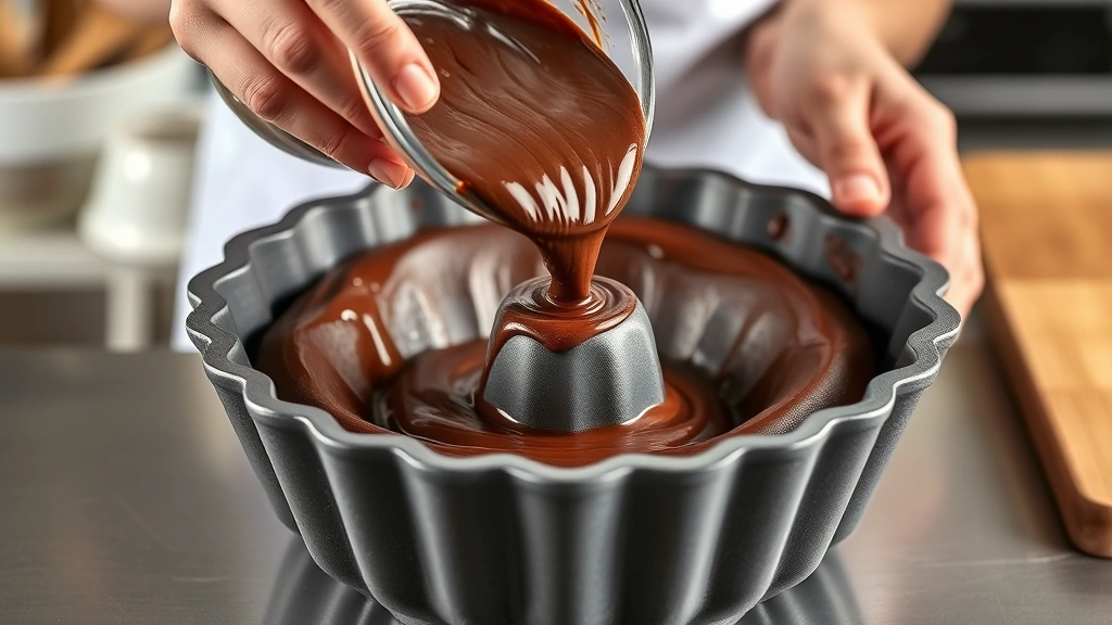 Hands pouring smooth chocolate batter into a well-prepared bundt pan, showing the batter's silky consistency and the pan's detailed ridges, professional kitchen lighting