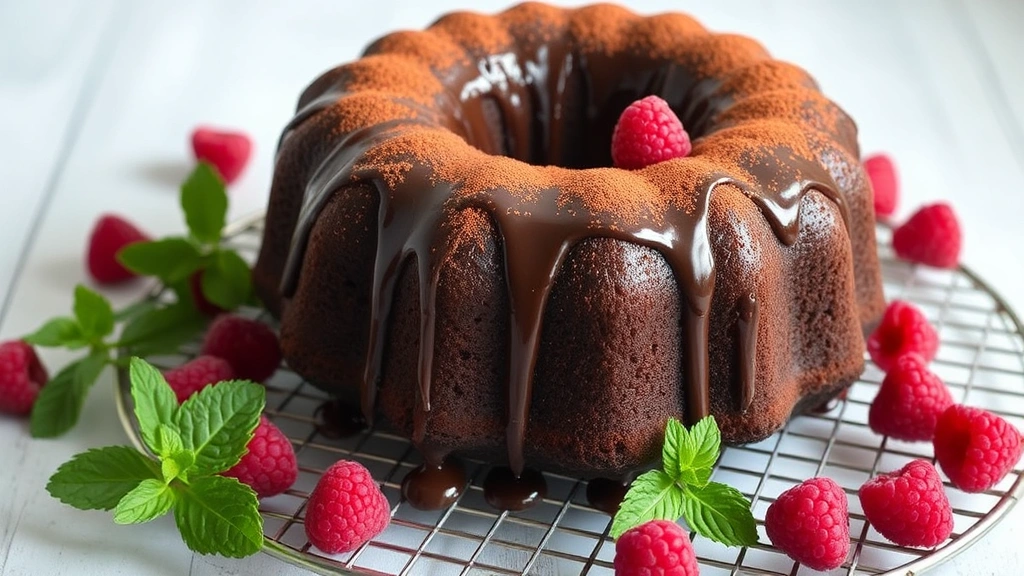 Finished chocolate bundt cake on wire cooling rack, topped with poured chocolate glaze dripping down the sides, dusted with cocoa powder, surrounded by fresh raspberries and mint leaves