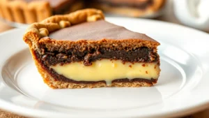 Close-up of rich chocolate chess pie slice showing fudgy interior and custard texture on white plate, warm lighting, shallow depth of field