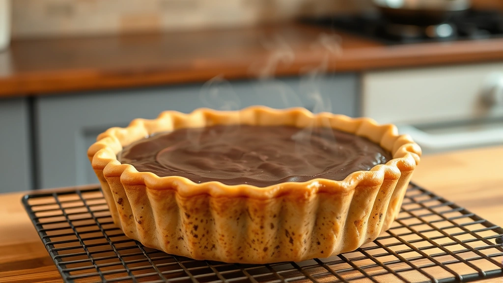 Freshly baked chocolate chess pie cooling on wire rack, golden-brown crust visible, steam rising, rustic kitchen background with soft shadows