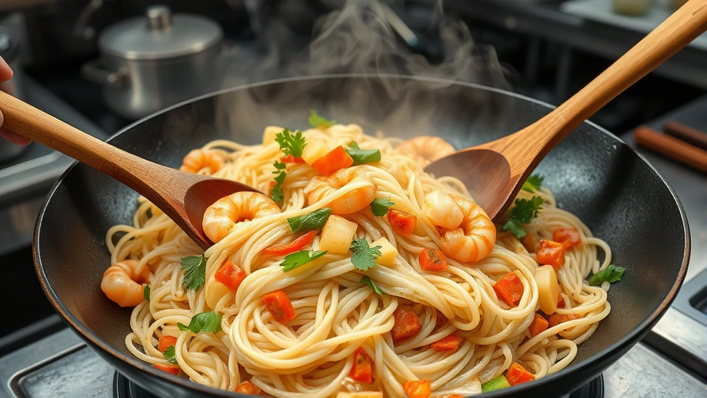 Steaming wok with wide flat rice noodles being tossed with wooden spoons, vibrant vegetables and shrimp visible, steam rising, professional kitchen lighting