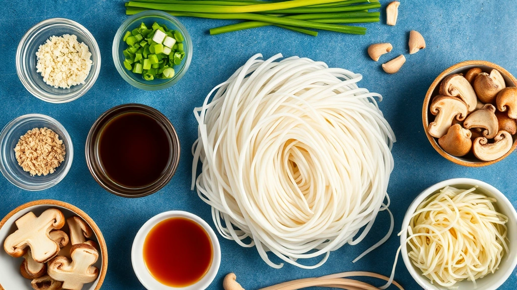 Overhead shot of mise en place setup with small bowls of minced garlic, ginger, green onions, sliced mushrooms, bean sprouts, and sauce mixture arranged around fresh rice noodles