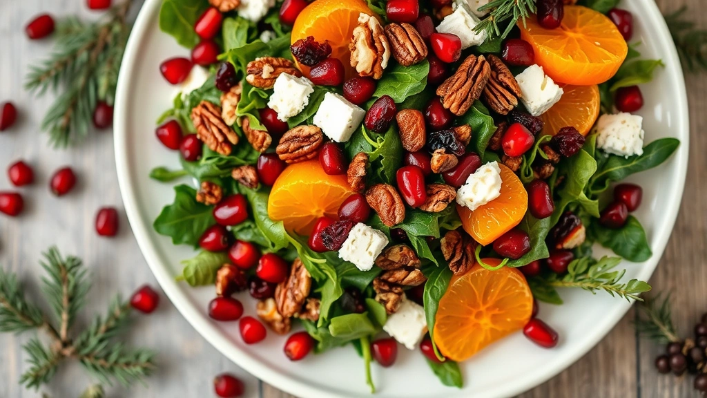 Overhead view of a vibrant festive Christmas salad on a white ceramic plate, featuring deep red pomegranate seeds scattered across crisp mixed greens, candied pecans, crumbled white goat cheese, mandarin orange segments, and fresh arugula, garnished with dried cranberries, natural daylight, shallow depth of field