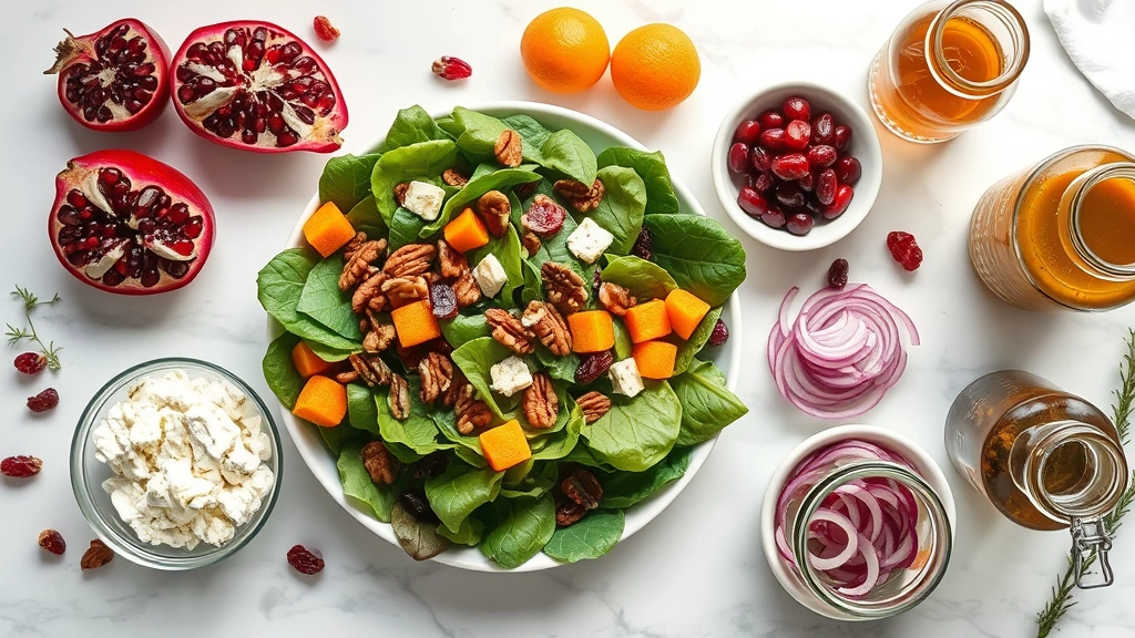 Flat lay composition of all Christmas salad ingredients arranged artfully on a marble countertop: pomegranate halves with seeds, toasted pecans in a small glass bowl, crumbled goat cheese, fresh mandarin oranges, mixed greens bundle, dried cranberries in a small white dish, red onion slices, and a glass jar of vinaigrette, natural window lighting