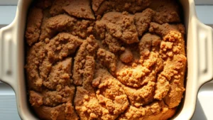 Overhead shot of freshly baked cinnamon coffee cake with golden-brown streusel topping in a ceramic baking dish, steam rising, natural morning light from window