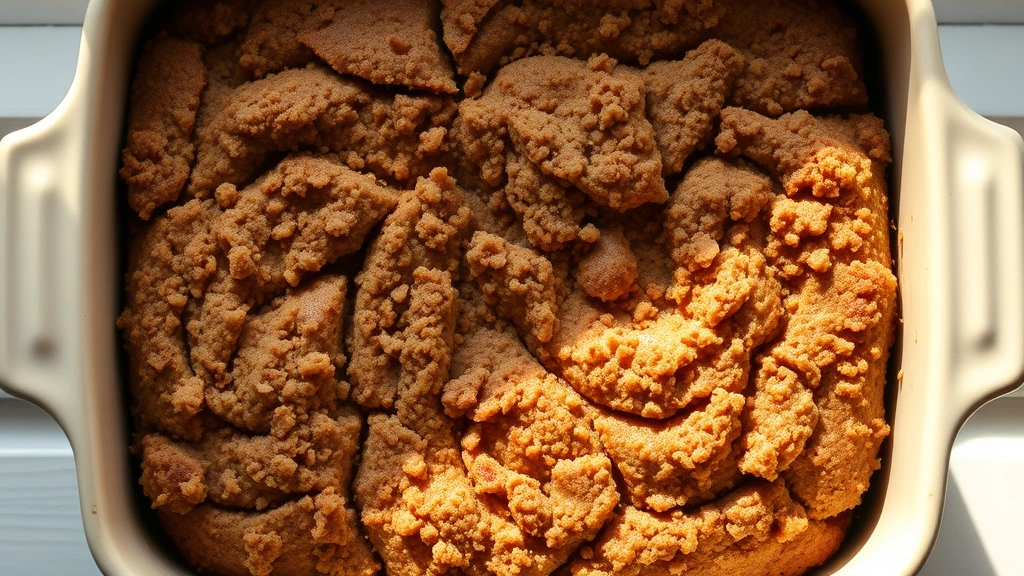 Overhead shot of freshly baked cinnamon coffee cake with golden-brown streusel topping in a ceramic baking dish, steam rising, natural morning light from window