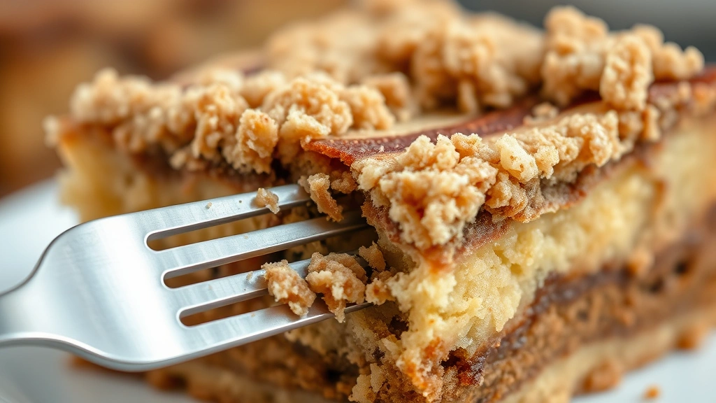 Close-up detail of cinnamon coffee cake slice showing layers of cake, cinnamon-sugar streaks, and crumbly streusel topping, fork cutting into moist crumb structure
