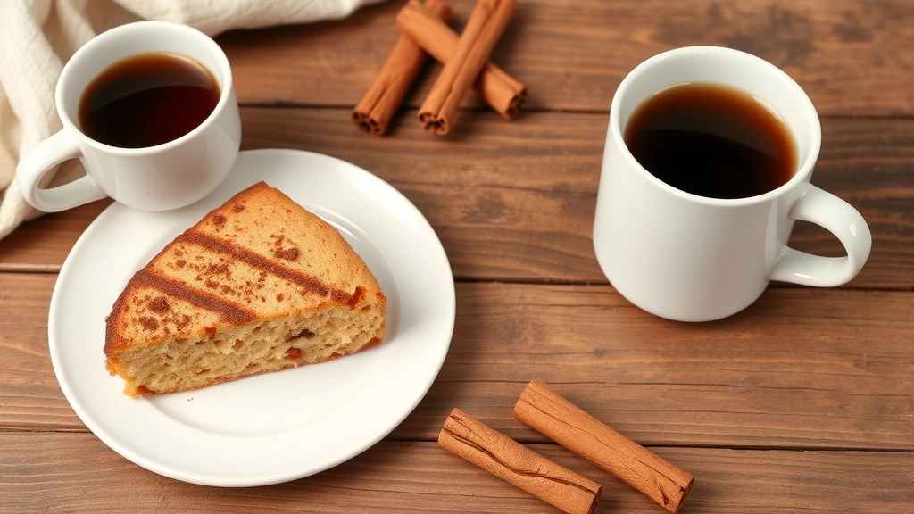 Rustic breakfast scene with two generous slices of cinnamon coffee cake on white plates, hot coffee in ceramic mugs, and fresh cinnamon sticks scattered nearby on wooden surface