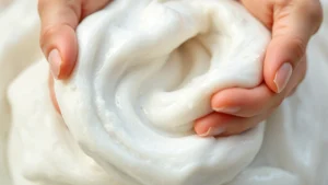Close-up of hands kneading fluffy white cloud slime with visible air pockets and soft texture, natural lighting showing the stretchy consistency