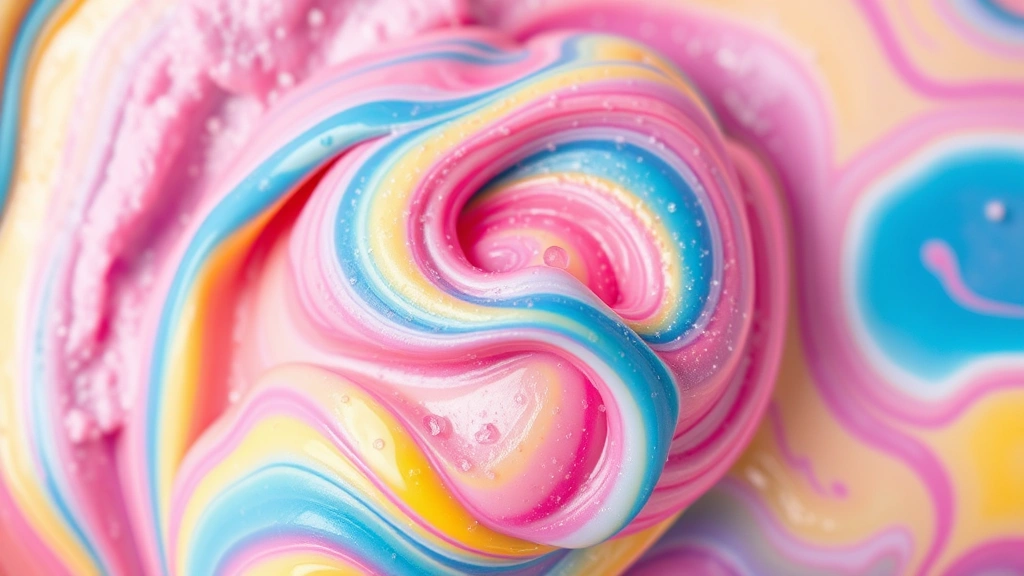 Colorful cloud slime in vibrant rainbow colors layered together, displaying pink, blue, purple, and yellow hues with glitter mixed throughout, shot from above