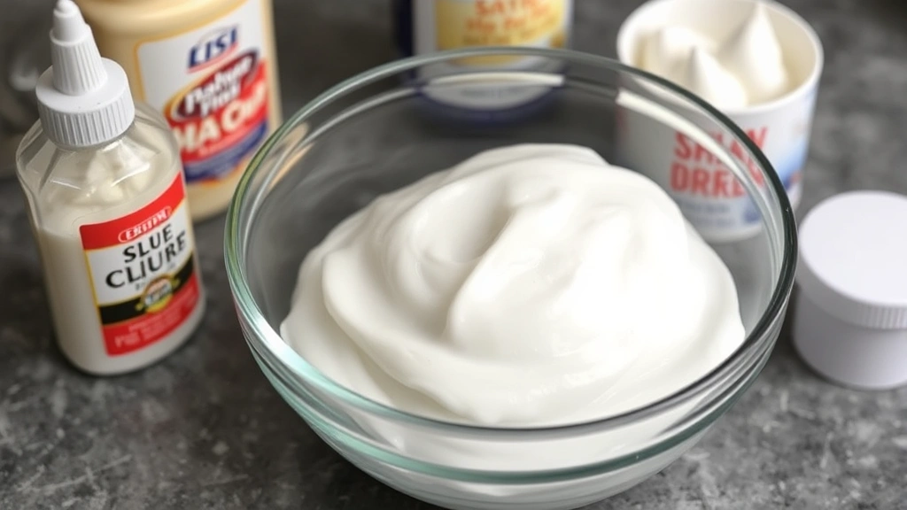 Finished cloud slime in a clear glass bowl showing perfect fluffy cloud-like texture with slight shimmer, surrounded by ingredients like glue bottle and shaving cream container