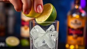 Close-up of fresh lime being squeezed into a crystal cocktail shaker filled with ice, golden tequila visible, professional bar setting with soft warm lighting