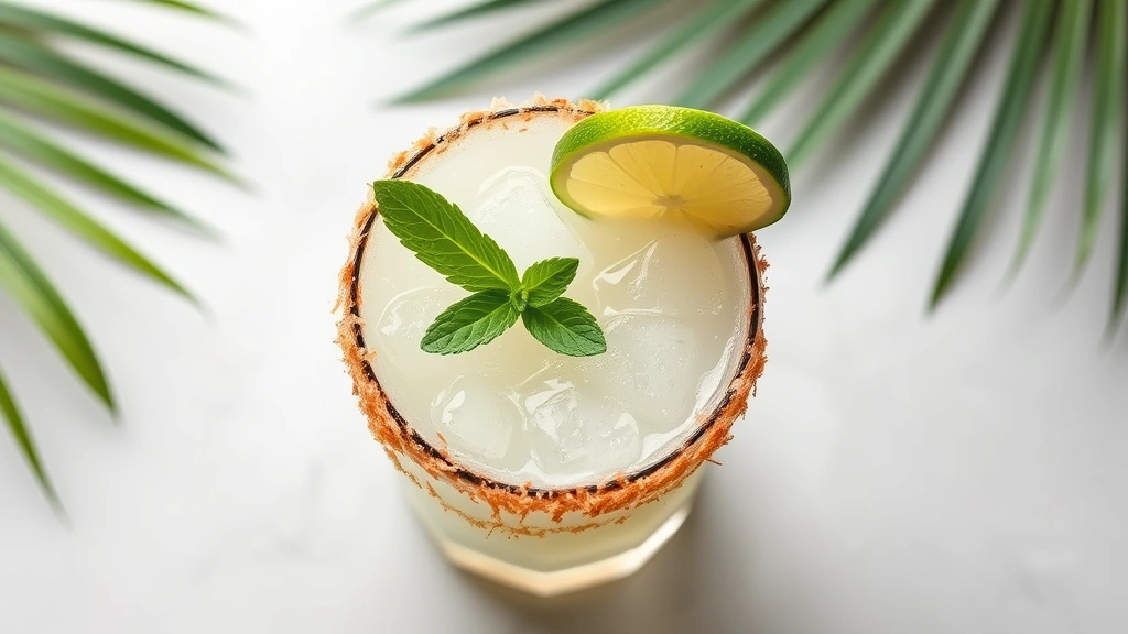 Overhead view of finished coconut margarita in a chilled margarita glass with toasted coconut rim, lime wheel garnish, and mint sprig, condensation on glass, tropical background