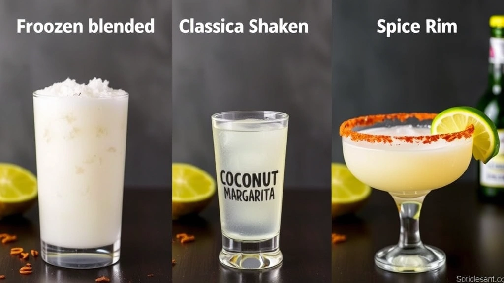 Split-screen comparison showing three coconut margarita variations side by side in different glassware: frozen blended version, classic shaken version, and spiced version with chili rim