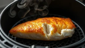 Golden-brown crispy cod fillet in air fryer basket with steam rising, showing perfectly cooked flaky white fish interior, professional food photography lighting