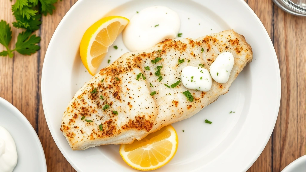 Overhead view of plated air fryer cod with lemon wedges, fresh herbs, and tartar sauce on white ceramic plate, restaurant-style presentation