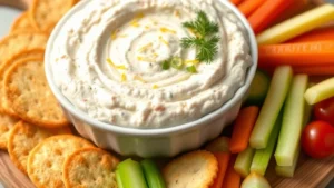 Close-up of creamy cold crab dip in white serving bowl garnished with fresh dill, lemon zest, and green onion slices, surrounded by buttery crackers and fresh vegetable crudités on wooden serving board