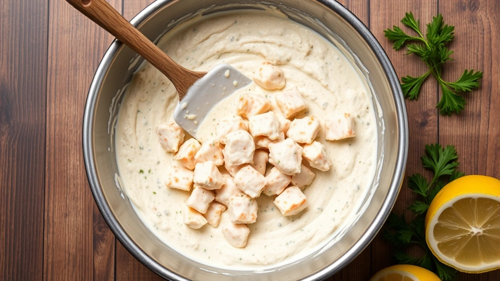Overhead shot of cold crab dip preparation showing folding lump crab meat into creamy mixture with rubber spatula in stainless steel bowl, with fresh herbs and lemon nearby