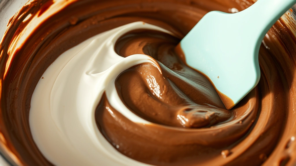 Close-up of creamy Cool Whip being folded into rich chocolate mousse with a rubber spatula, showing texture and air pockets, warm kitchen lighting