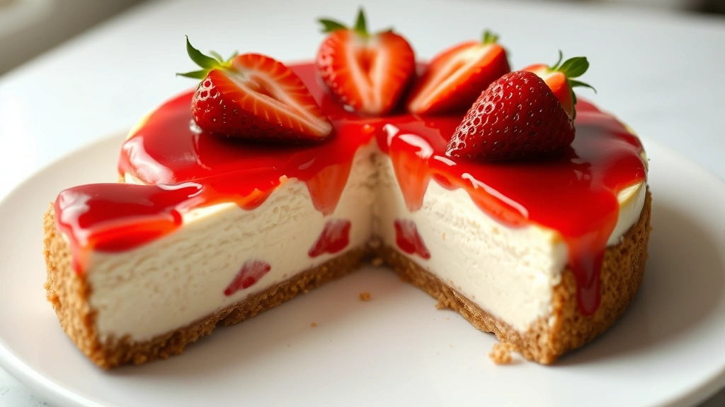 Elegant no-bake cheesecake with fresh strawberry topping, cut to show layers of graham cracker crust and fluffy filling, served on white plate