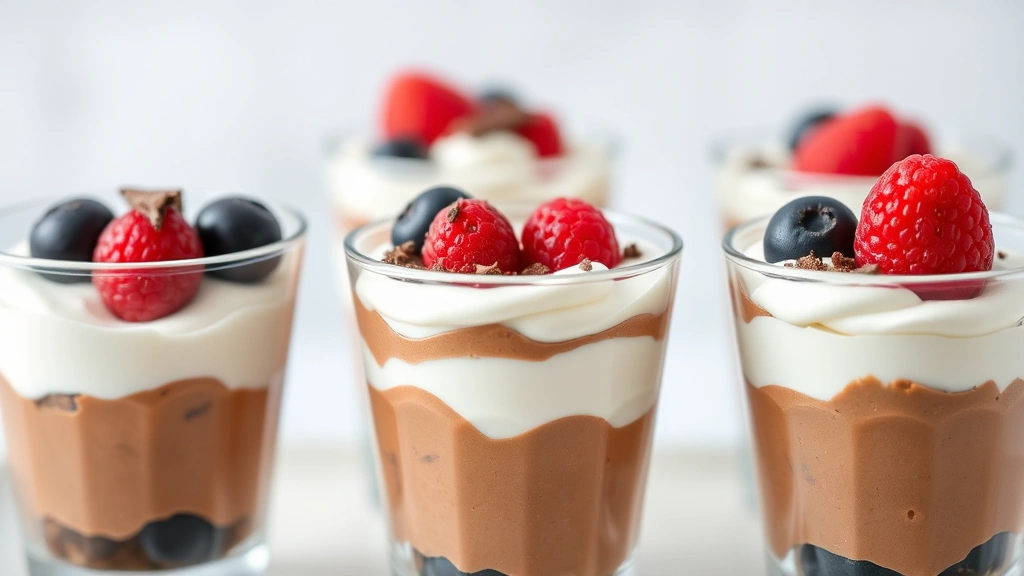Individual dessert cups in clear glasses displaying layered treats with chocolate, pudding, and whipped topping, garnished with berries and chocolate shavings, professional presentation