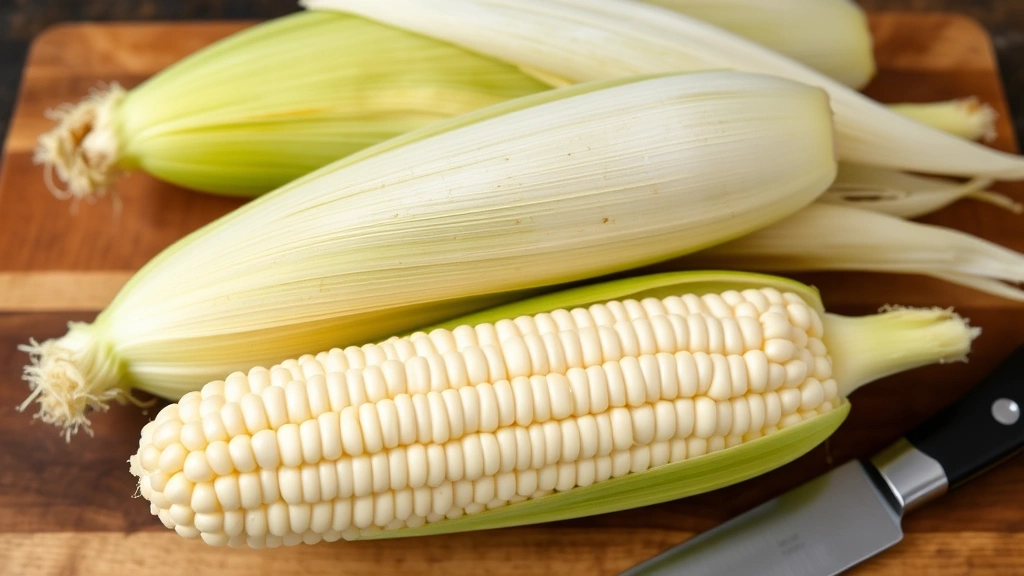 Fresh corn ears with husks partially peeled back, displayed on rustic wooden cutting board with sharp chef's knife nearby, showing kernels and cob structure clearly