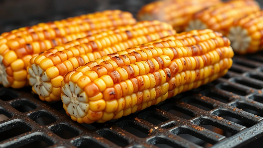 Golden-brown corn ribs arranged on cast iron grill grate with visible char marks, steam rising, showing perfect caramelization on kernels and cob