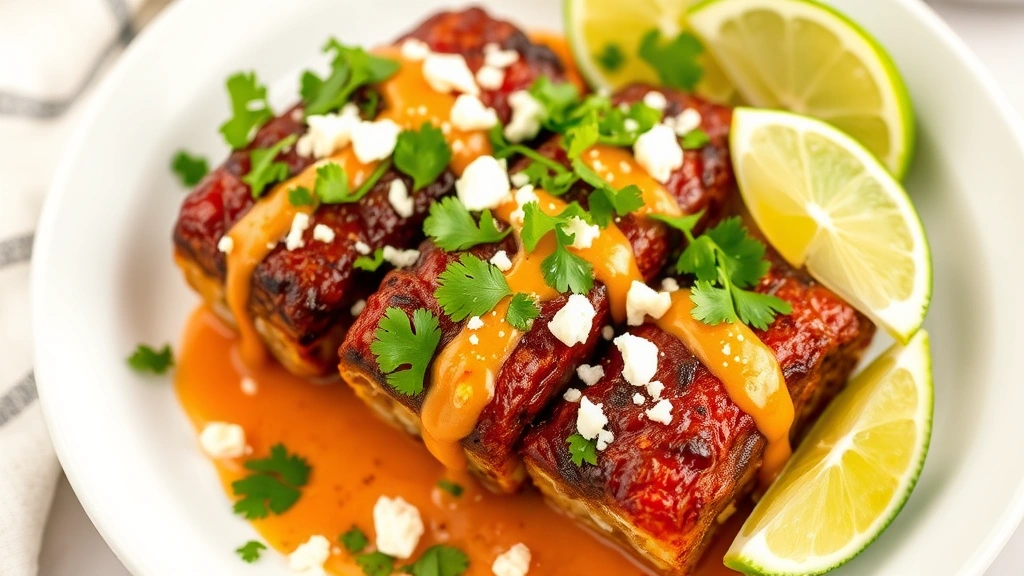 Plated corn ribs garnished with fresh cilantro, cotija cheese crumbles, and lime wedges, drizzled with creamy chipotle sauce on white ceramic dish