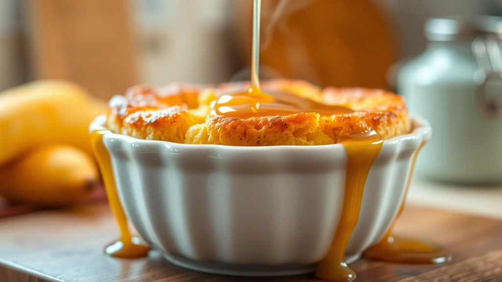 Warm cornbread pudding in a white ceramic bowl with golden-brown top, steam rising, buttery caramel sauce dripping over the sides, soft focus background of kitchen