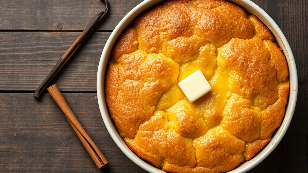 Overhead view of finished cornbread pudding in baking dish, golden top with butter dots, fresh vanilla bean and cinnamon stick beside it, rustic wooden table