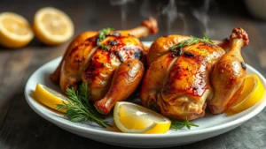 Two golden-brown roasted Cornish game hens with crispy skin, fresh herbs, and lemon wedges arranged on a white ceramic plate, with steam rising, professional food photography lighting