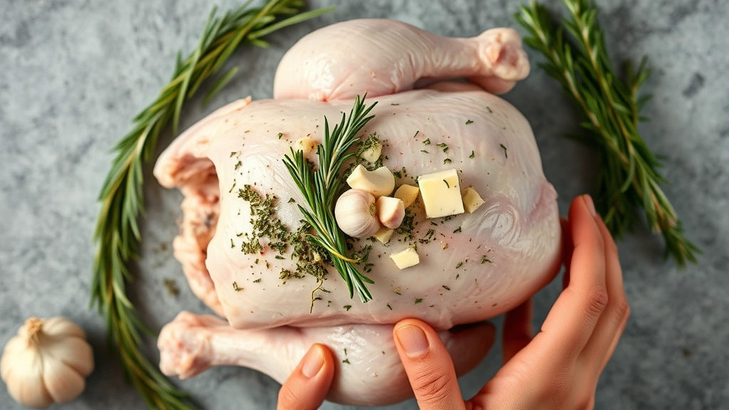Overhead shot of herb compound butter with fresh rosemary, thyme, and garlic being spread under the skin of a raw Cornish game hen, hands visible preparing the bird