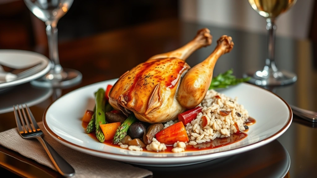 Plated Cornish game hen centerpiece with roasted root vegetables, wild rice pilaf, asparagus, and rich pan sauce drizzled artistically, elegant table setting with wine glass in soft focus background