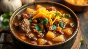 Steaming bowl of cowboy stew with chunks of beef, beans, potatoes, and vegetables in rich brown broth, garnished with fresh cilantro and melted cheddar cheese