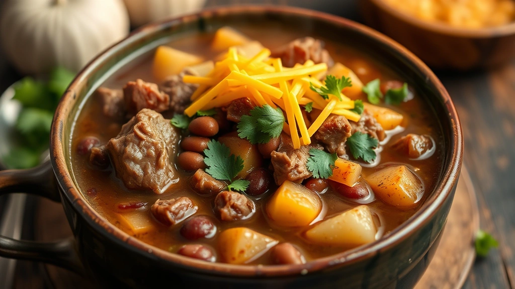 Steaming bowl of cowboy stew with chunks of beef, beans, potatoes, and vegetables in rich brown broth, garnished with fresh cilantro and melted cheddar cheese