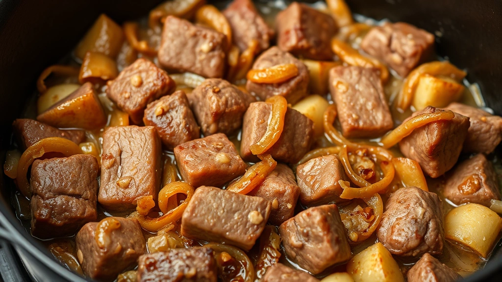 Close-up of browned beef cubes sizzling in cast iron Dutch oven with caramelized onions and aromatic vegetables, golden-brown meat surface visible