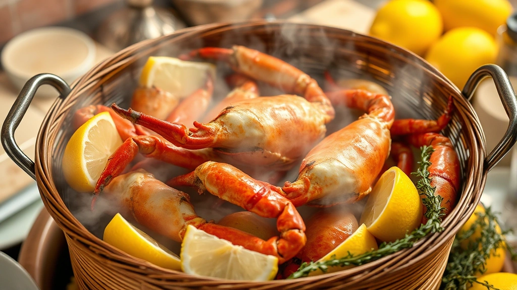 Steaming basket filled with cooked crab legs releasing aromatic steam, surrounded by lemon wedges and fresh herbs like thyme, warm kitchen lighting