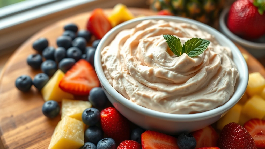 Close-up of fluffy cream cheese fruit dip in white ceramic bowl with fresh strawberries, blueberries, and pineapple chunks arranged around it on wooden serving board, natural lighting from window