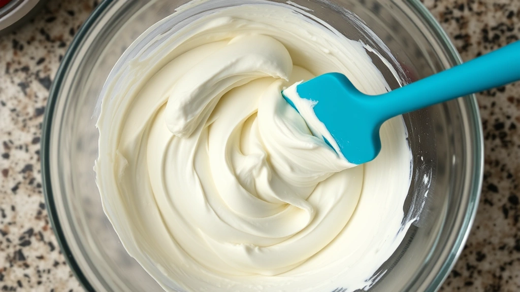 Overhead shot of whipped cream being folded into cream cheese mixture with rubber spatula in glass mixing bowl, showing the light and airy texture, kitchen counter background
