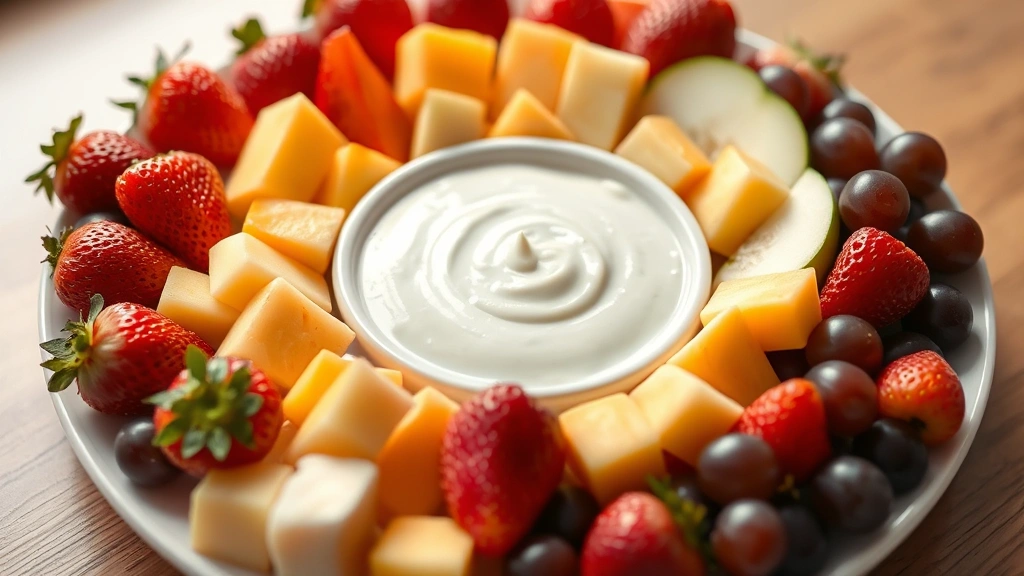 Colorful fruit platter presentation with strawberries, grapes, melon cubes, and apple slices surrounding creamy dip in center of white plate, fresh and appetizing arrangement, soft natural light