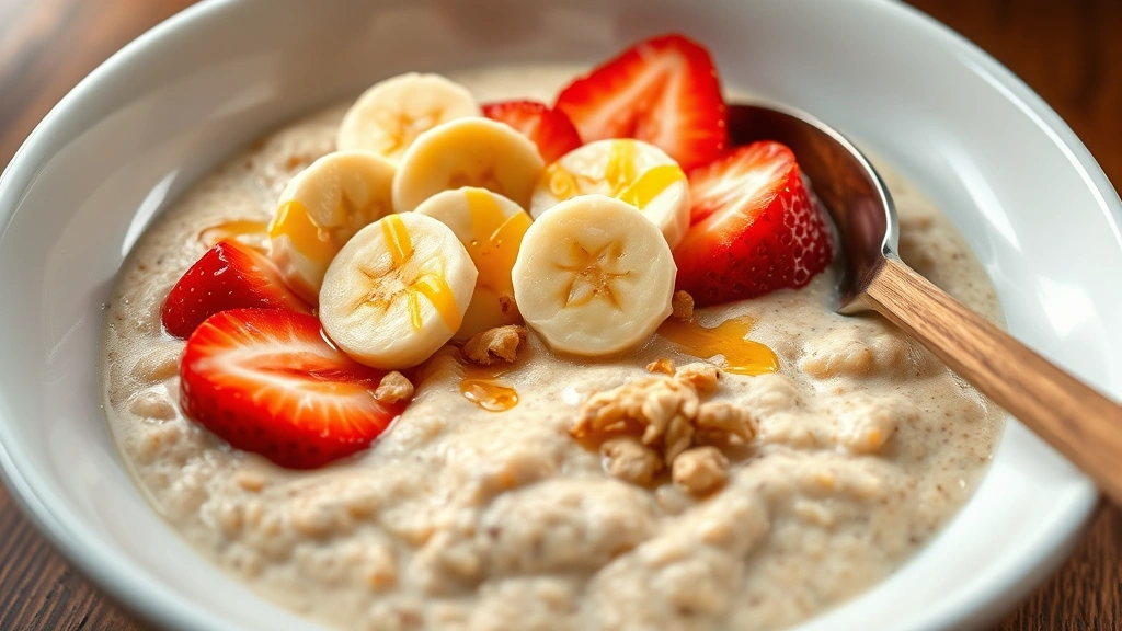 Creamy bowl of Cream of Wheat topped with sliced fresh strawberries, banana coins, drizzled honey, and crushed walnuts, steam rising from warm cereal, professional food photography lighting, wooden spoon resting on white ceramic bowl