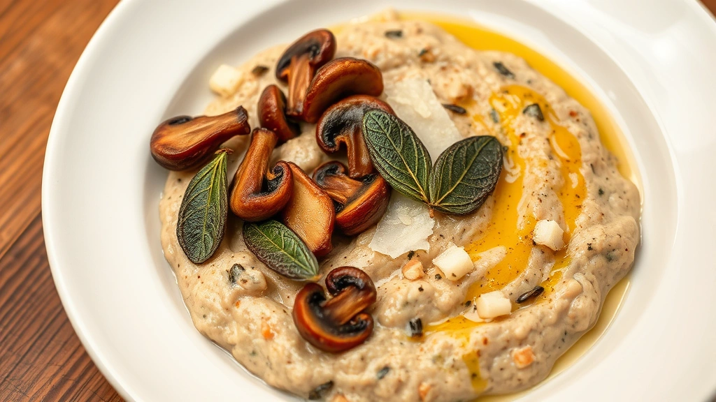Savory Cream of Wheat side dish in a white plate with sautéed mushrooms, crispy sage leaves, aged Parmesan cheese shavings, and drizzle of olive oil, warm golden lighting, rustic plated presentation