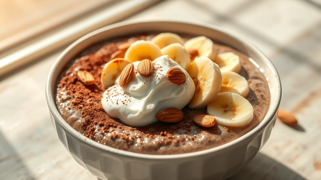 Chocolate Cream of Wheat breakfast bowl garnished with cocoa powder dusting, banana slices, Greek yogurt dollop, and toasted almonds scattered across creamy surface, morning sunlight, appetizing close-up food photography