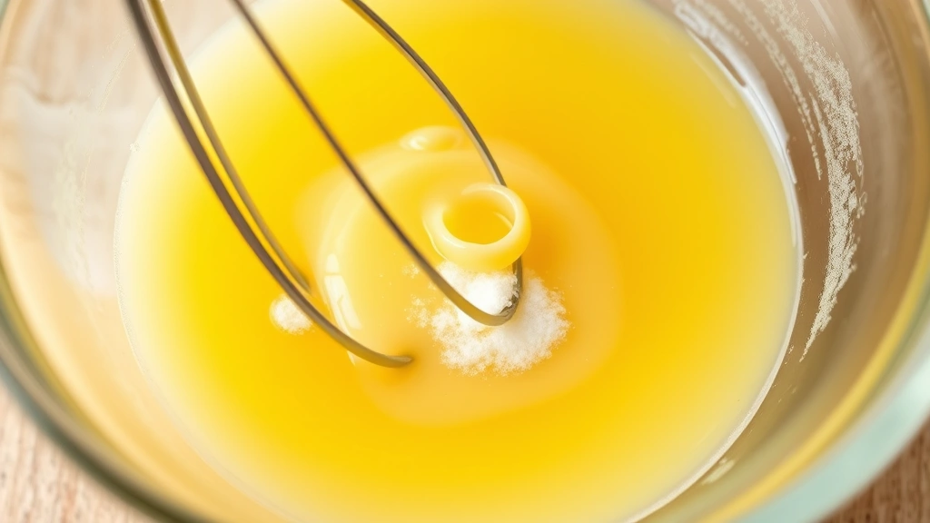 Close-up of egg yolks being whisked with sugar in a clear glass bowl, becoming pale and thick with ribbon texture forming, natural kitchen lighting